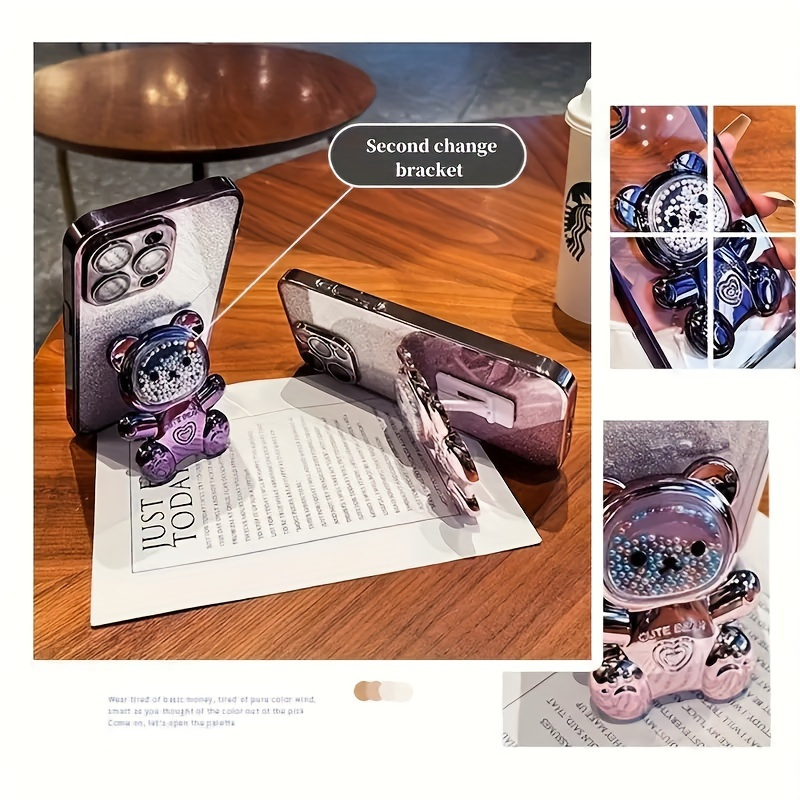 Set Of 3/ Deluxe Electroplated 3D Cute Bear Apple Phone Case, Romantic - Love Heart Bead Bear Hidden Stand - Shockproof Slim Protective Case, Suitable For IPhone 16/Pro Max Plus, Halloween, Christmas - Easter - Valentine's Day Birthday Gift