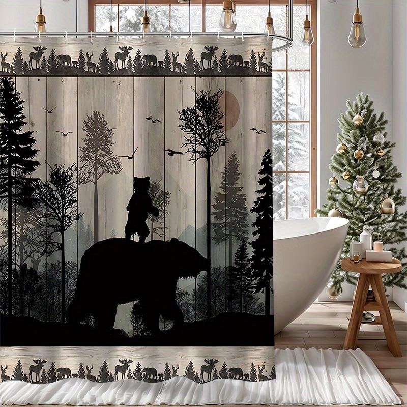 

Rustic Cabin Bear Knit Polyester Bath , Water-resistant With Animal Silhouette Print, Machine Washable, Includes 12 Hooks, Ideal For Bathroom Decor All - Universal Holiday Use