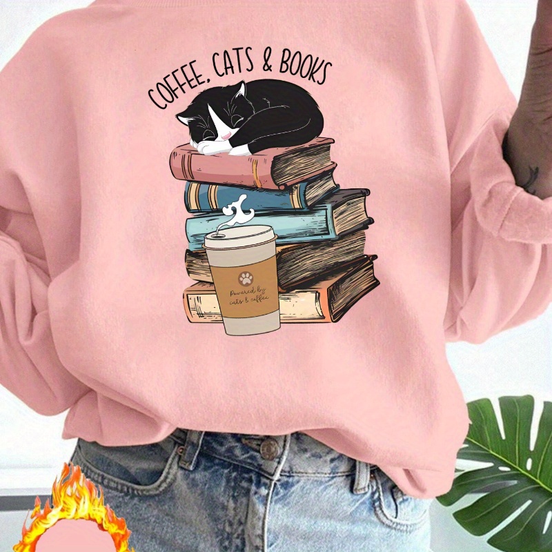 

Women's Casual Cute Cat & Book Graphic Long Sleeve Pullover - Cozy Polyester, Round Neck, Machine Washable