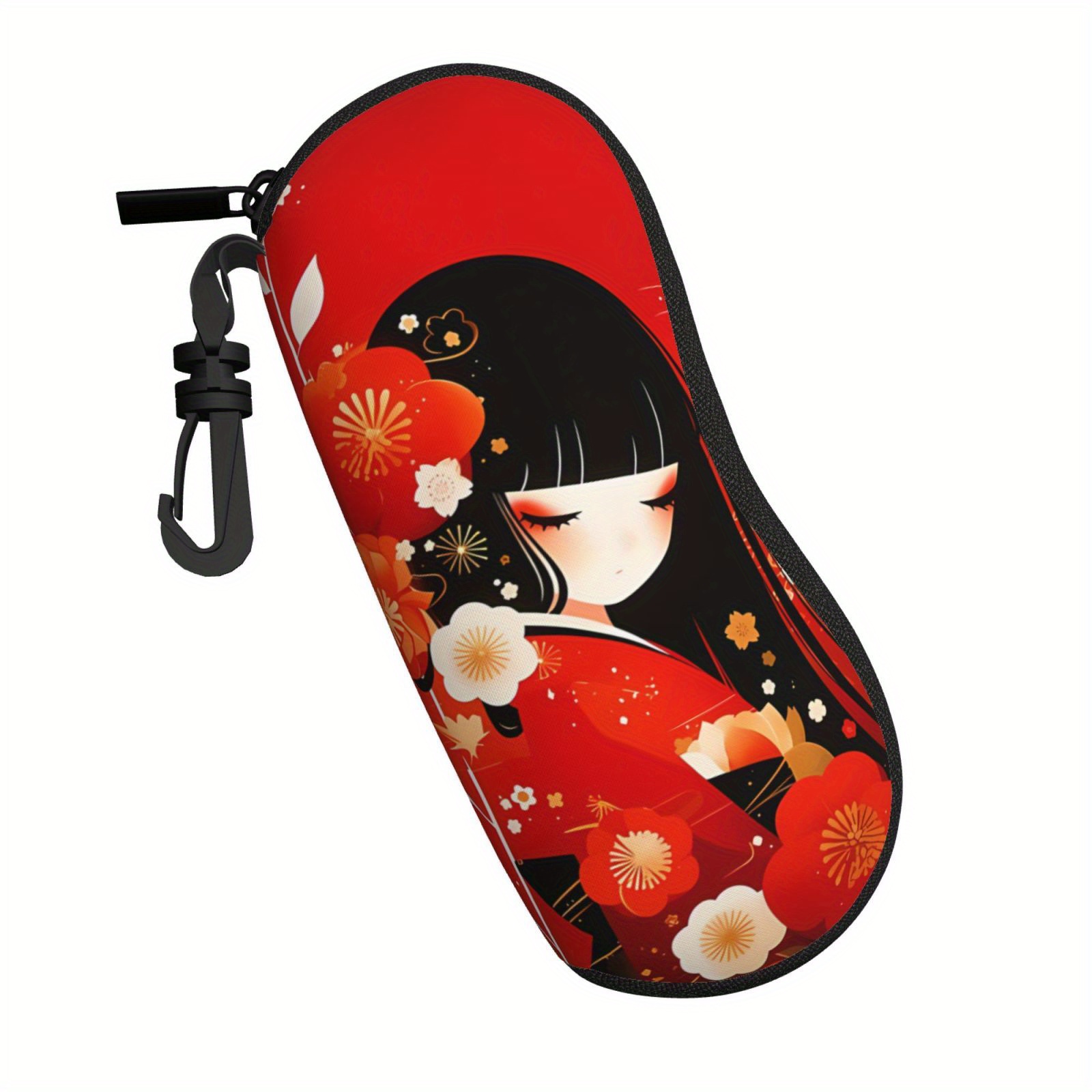 

Japanese Kokeshi Doll Print Soft Neoprene Glasses Case - Ultra Light, Zippered Eyewear Pouch With Vibrant Design, Floral Pattern For , Cute Glasses Case