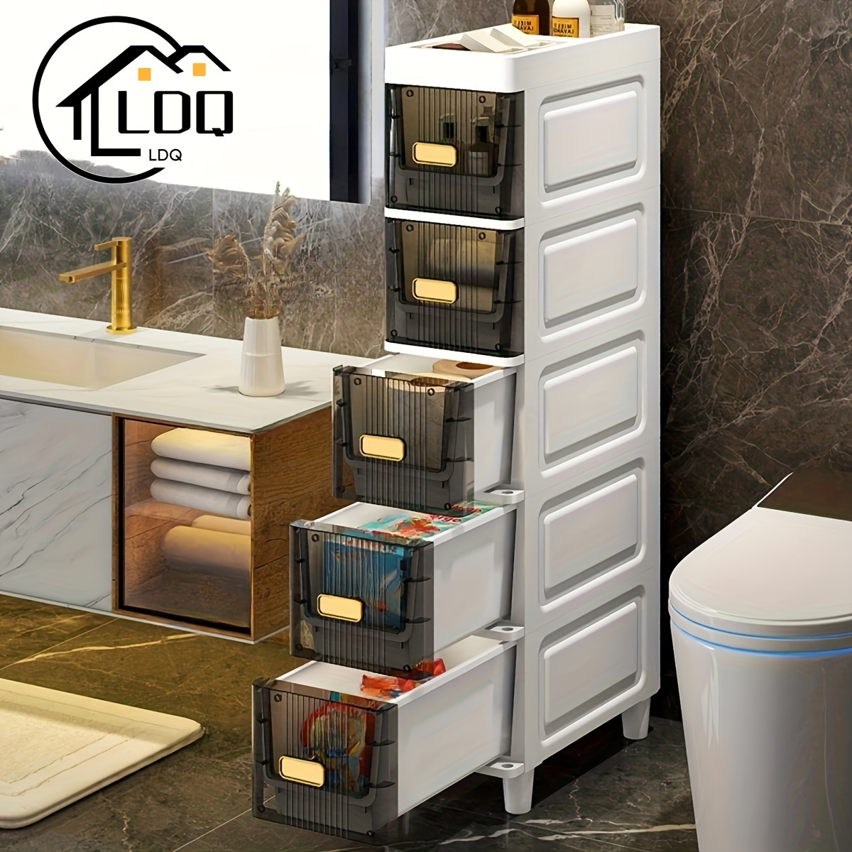 

Deluxe Slim Storage Cabinet With Drawers - Waterproof Pp Material, Multi- Organizer With For Bathroom, Kitchen, Product Dispensers, And More - Ideal For Small