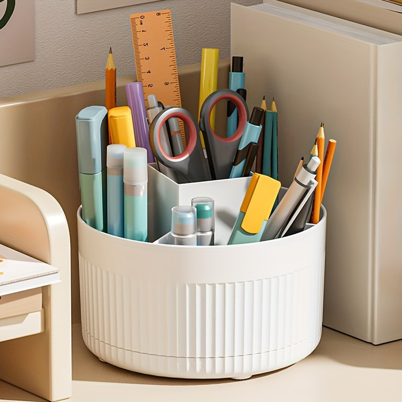 

360° Rotating Desk Organizer With 5 Compartments - Compact Pen & Pencil Holder For Office, School, And Home Supplies, White For Easy , Office Supplies Storage | | Textured , Office Desk Accessories