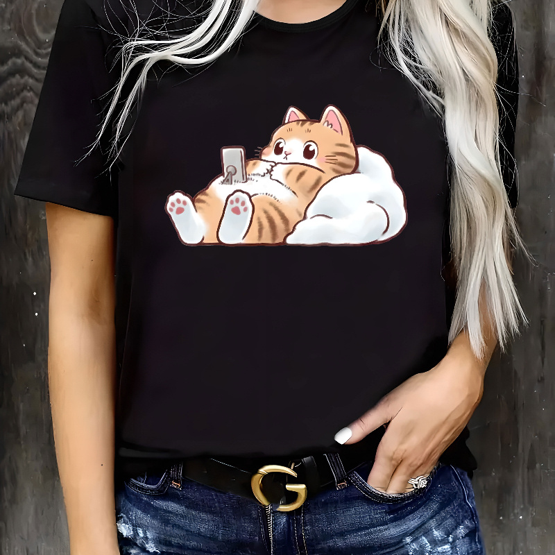 

Plus Size Casual Short Sleeve T-shirt With Geometric Cat Print, Polyester Knit Fabric, Round Neck, Pullover Style For Women - All Comfort