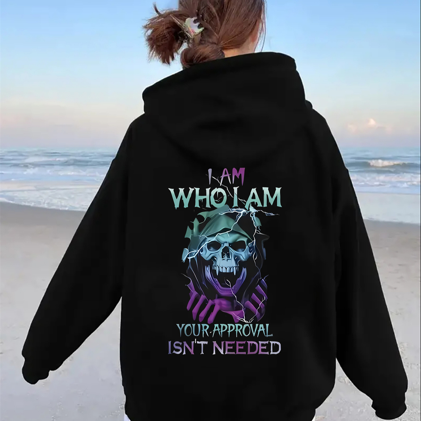 

1pc Women's Casual Skull Graphic Hoodie, Long Sleeve Pullover Sweatshirt With Pocket, Polyester Knit Hooded Sweatshirt, All