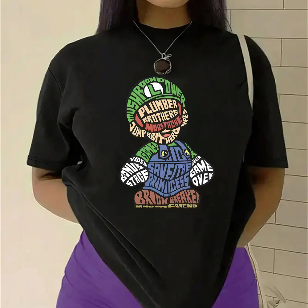 

Cartoon & Letter Print Comfy T-shirt, Round Neck Short Sleeve Sports Tee, Women's Activewear
