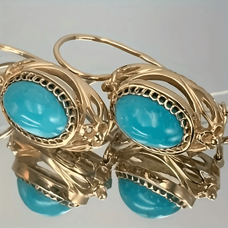 

Vintage 14k Golden Plated Blue Turquoise Round Earrings Ethnic Personality Hook Drop Earrings For Women