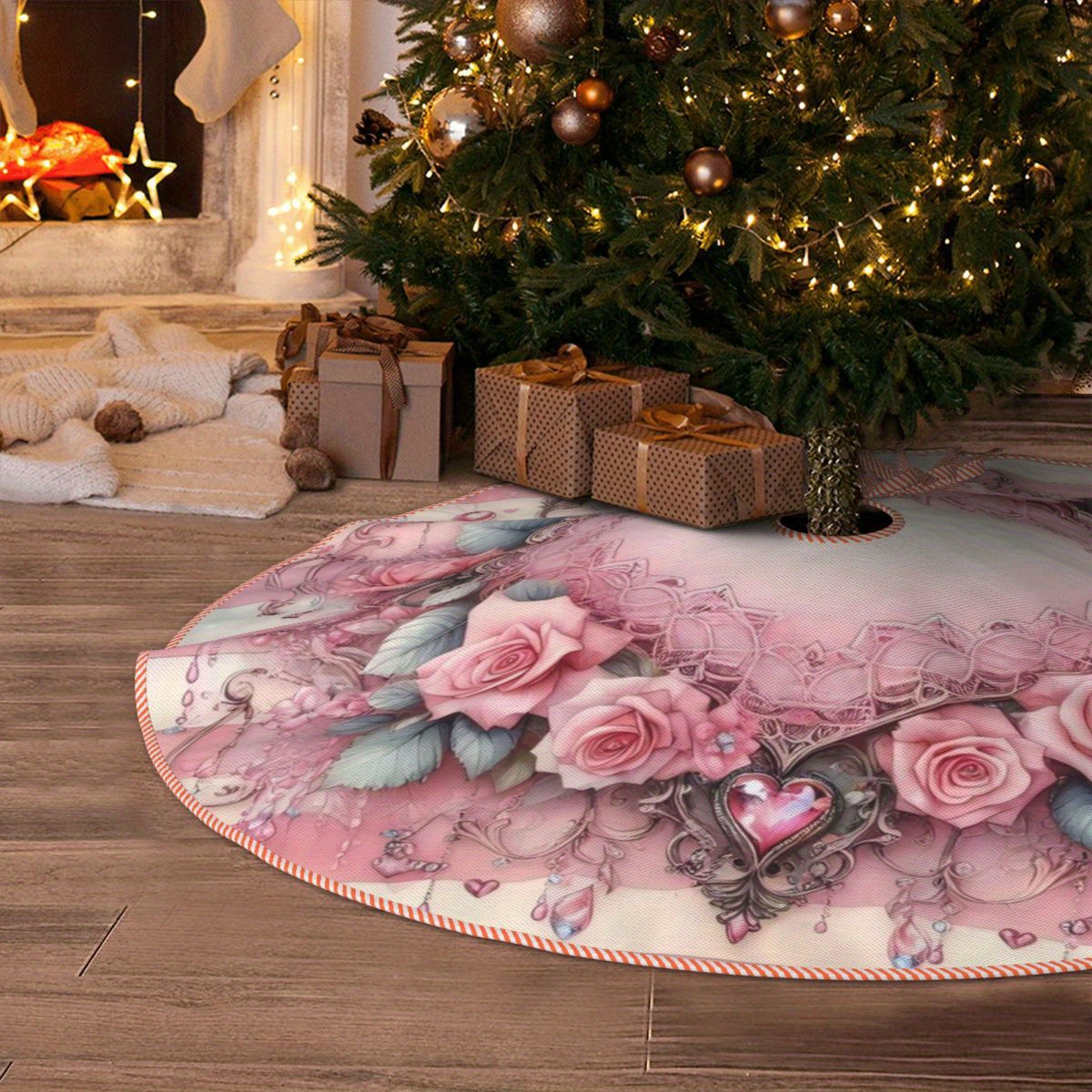 

1pc, Christmas Tree Skirt, 60-inch Fabric, Pink Floral & , Holiday Room Decor, Decoration, For Christmas, , Thanksgiving, New Year, And Holidays