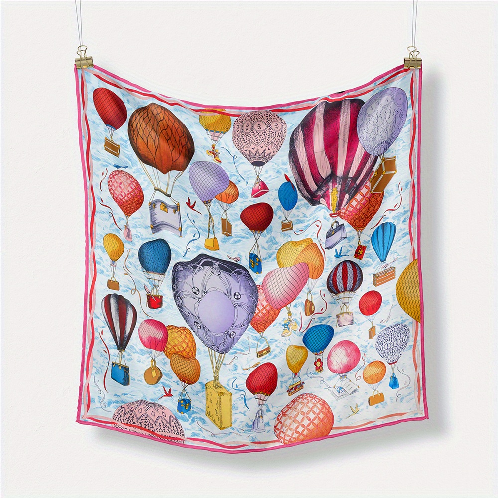TEMU Women's Hot Air Balloon Print Scarf - Cute Multicolor Pastel Balloon & Kite-like Pattern, Lightweight Square Shawl For, Neck Wrap, Headband -