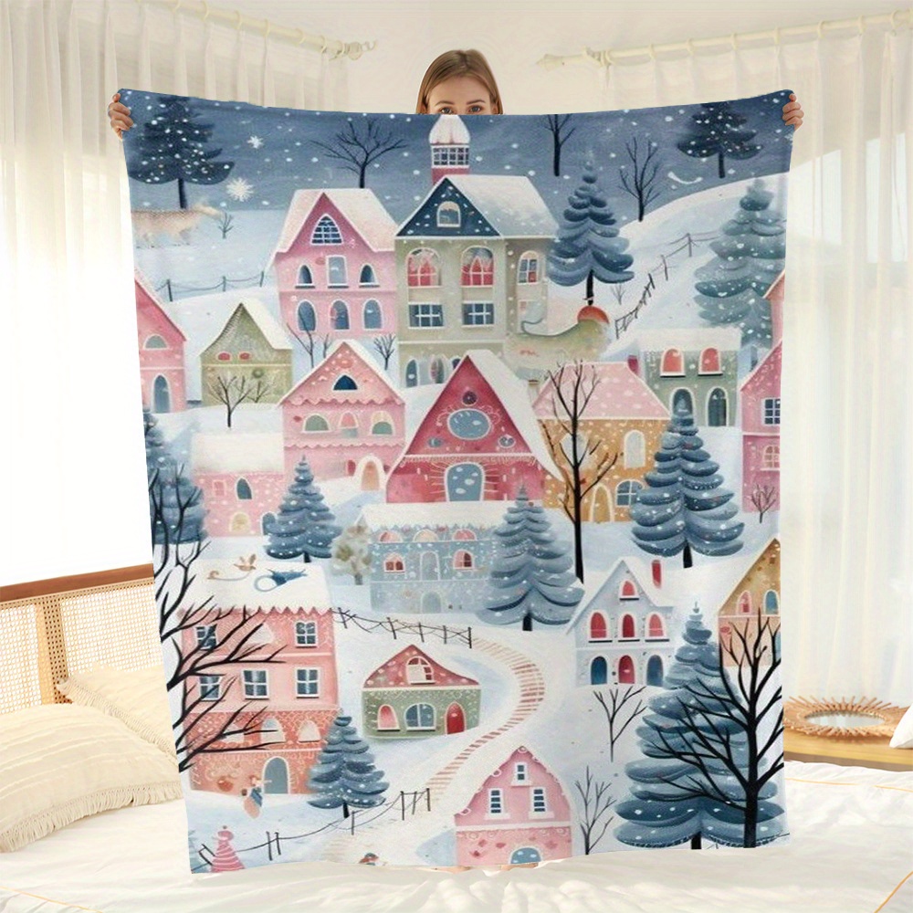 

1pc Christmas Snow Scene Winter Flannel Blanket Sofa Throw Blanket Air Conditioning Blanket Lunch Blanket Dual-sided Gift Blanket