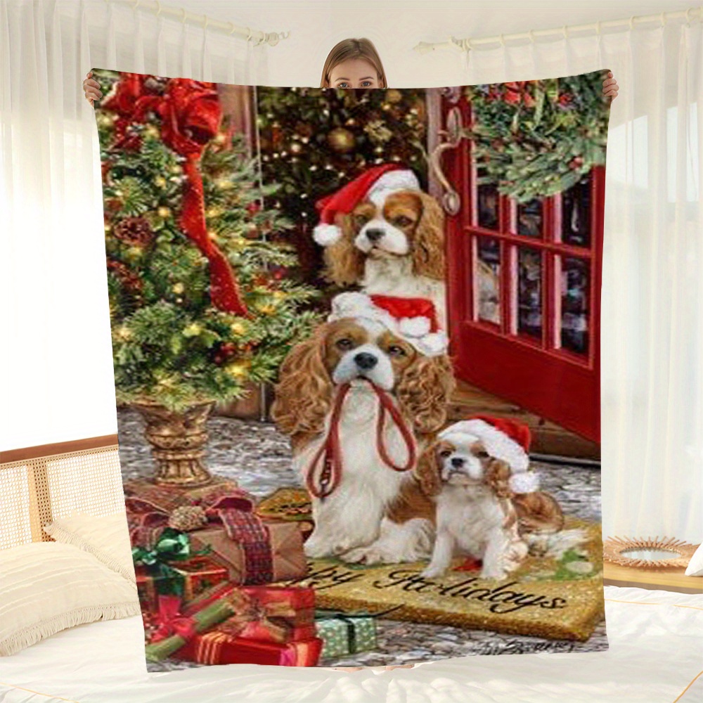 

Christmas Hat Dog Winter Flannel Blanket Sofa Cover Air Conditioner Blanket Nap Blanket Double-sided Velvet Gift Blanket