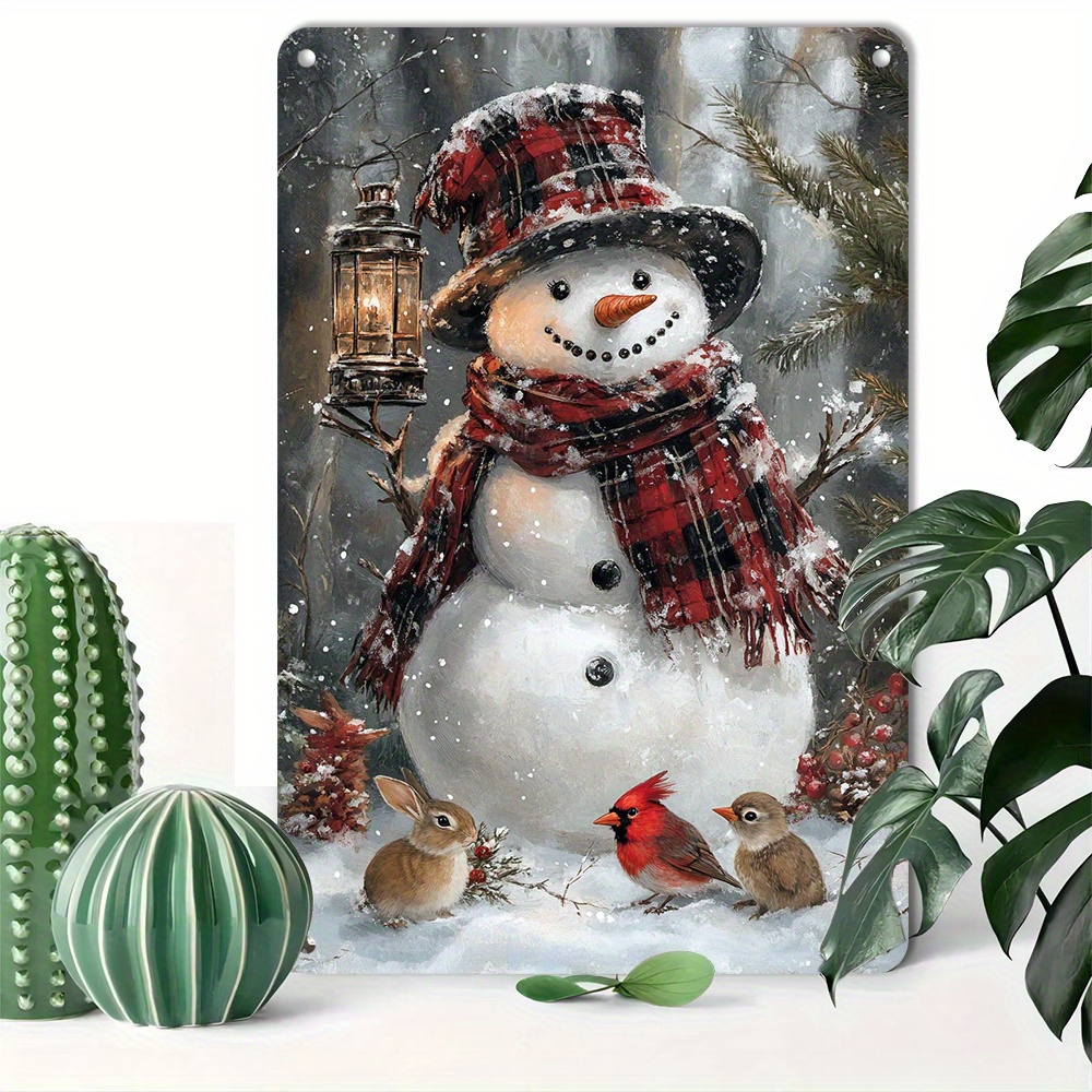 

Vintage Snowman & Rabbit Winter Scene Aluminum Wall Art Sign - 8x12 Inch Metal Decor For Home, Bars, And Cafes