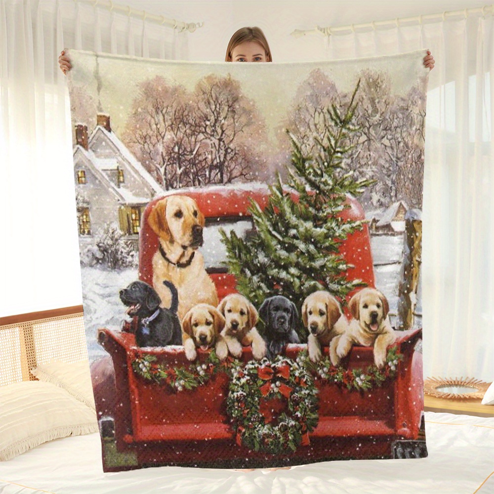 

Cozy Christmas Dog Truck Flannel Throw Blanket - Double-sided, For Couch, Bed, Office, And Travel - Gift