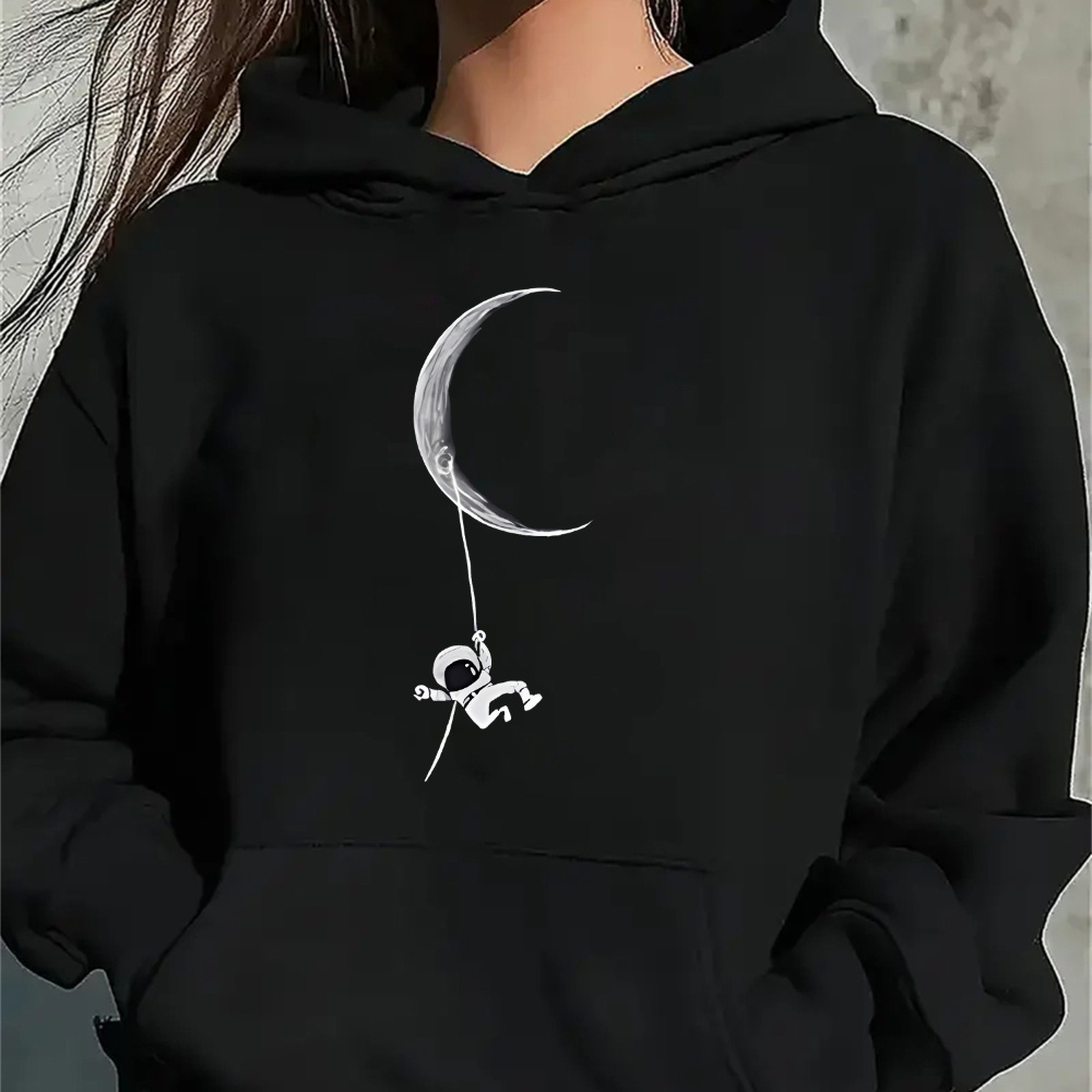 

1pc Women's Moon Graphic Hoodie, Polyester Knit Fabric, Comfortable Pullover With Kangaroo Pocket, 3d , Fashion Top