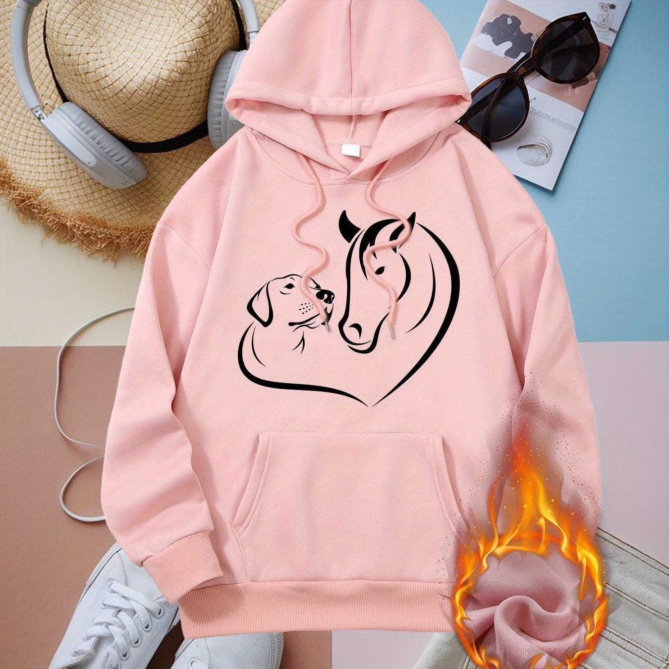 

Women's Cozy Pink Hoodie With Dog & - Casual Long Sleeve Pullover With Front Pocket, Adjustable Drawstring Neck, Fall & Winter