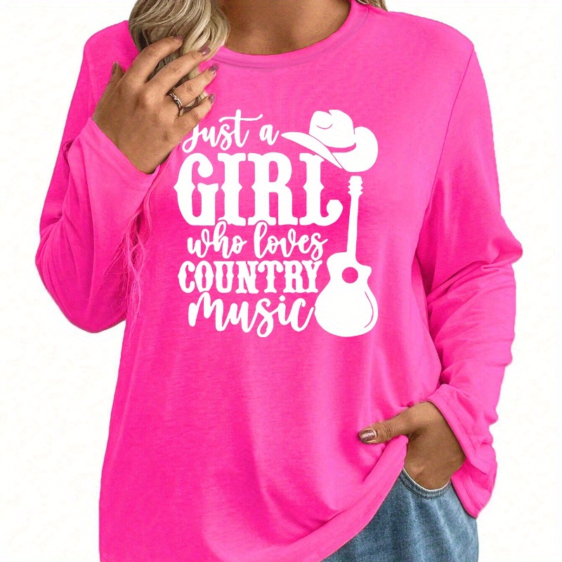 

Fashionable Women's Trendy Letter Western Cowboy Hat Guitar Round Neck Long Sleeve T-shirt