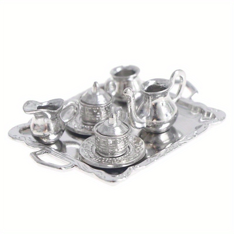 

1/12 Dollhouse Miniature Silvery Metal Tea Coffee Tray Tableware Set For Dollhouse Decoration