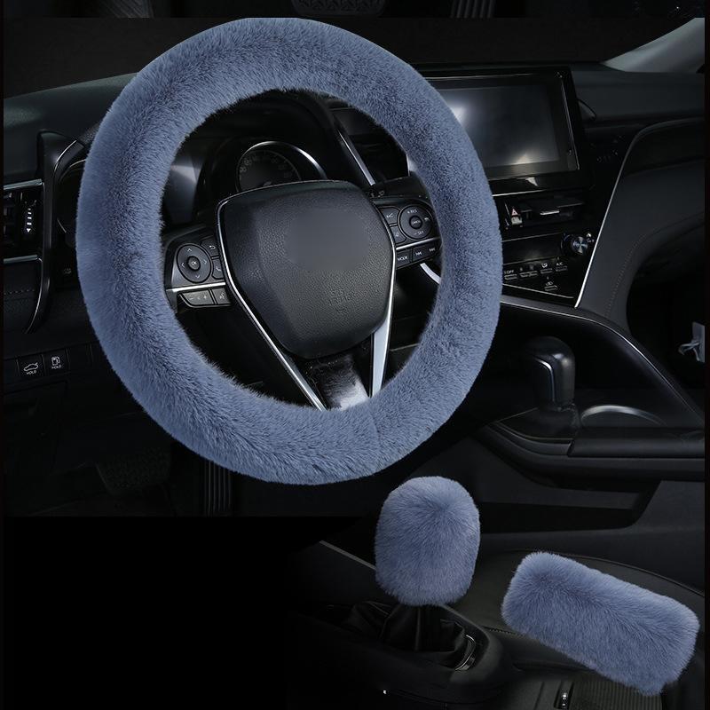 TEMU Universal Plush Steering Wheel Cover Set With Hand Brake & Gear Protectors - 3 Pcs Winter Faux Fur Car Accessories