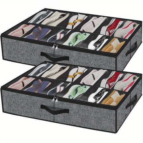1 2pcs sturdy under bed shoe storage solution organizer for under bed storage box with transparent lid underbed shoes container bags with reinforced handles breathable