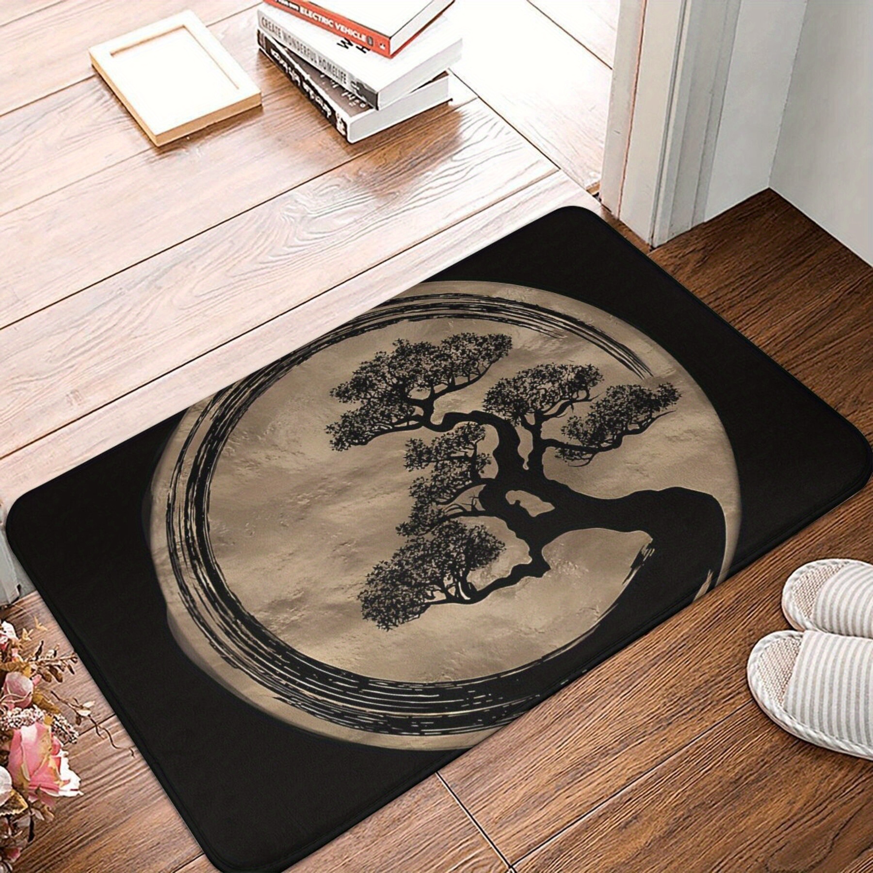 

1pc Paillasson en Flanelle Antidérapant avec Motif Arbre Bonsaï Zen - Doré, Lavable en Machine, Tapis de Rectangulaire pour Salon, Décoration de Chambre, Décoration de Noël