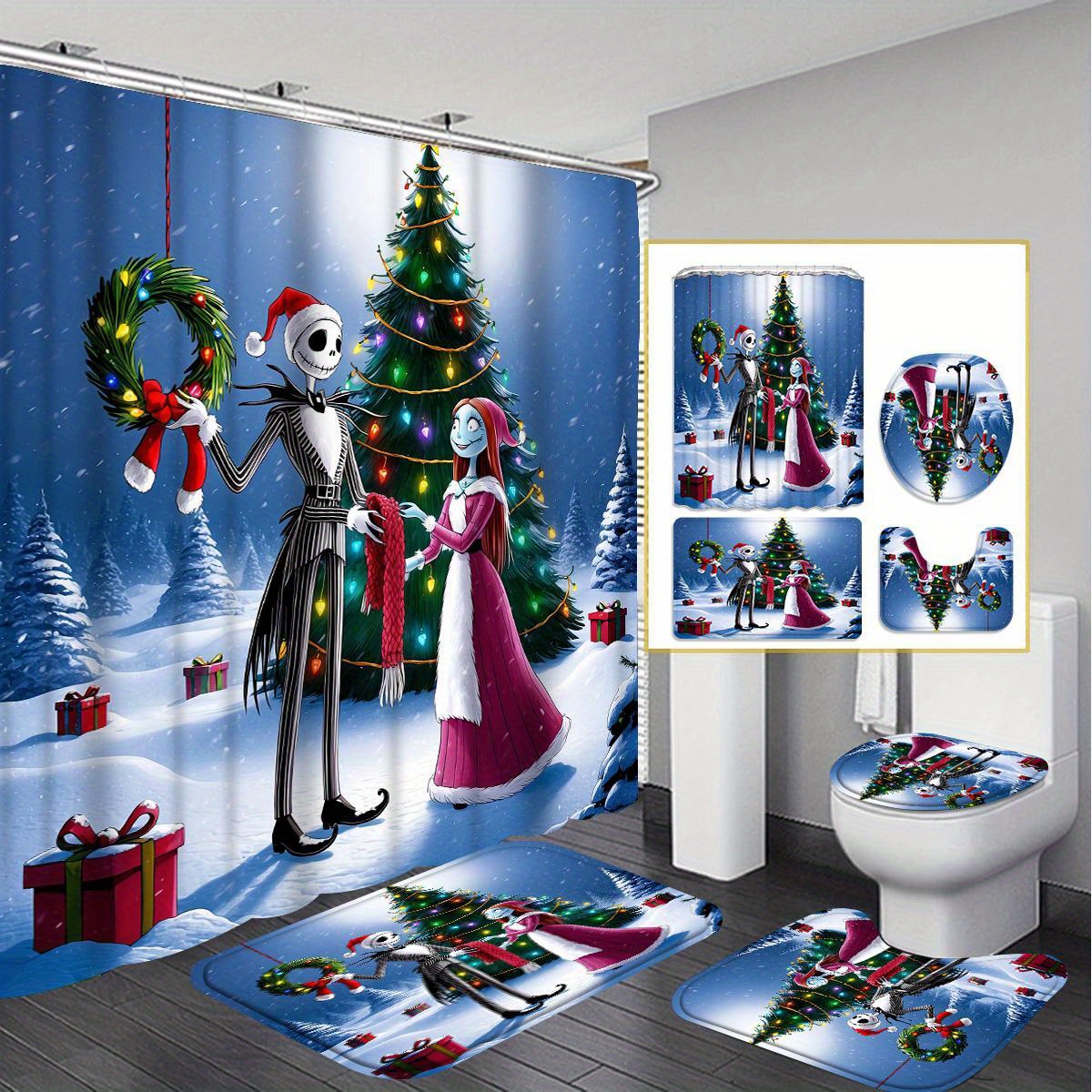 

(authorized) Jit 1/4pcs Home Decor Shower Curtain Set, Waterproof Shower Curtain With 12 Hooks, Non-slip Bathroom Rug, Toilet U-shaped Mat, Toilet Lid Mat, Bathroom Decor