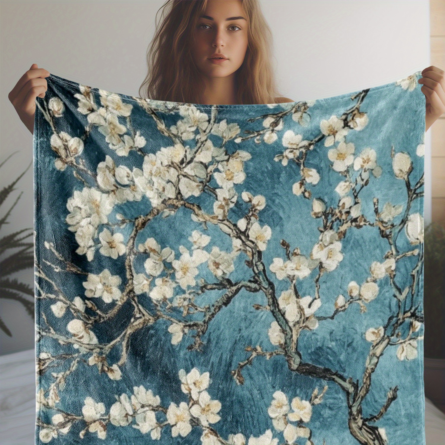 

Luxurious Flannel Blanket With Elegant White Plum Blossom Design On Blue - Soft, Warm, And Comfortable For Sofa, Bed, Car, Office, Camping, Travel - Ideal Gift, Cozy Bedding|plush Throw|polyester