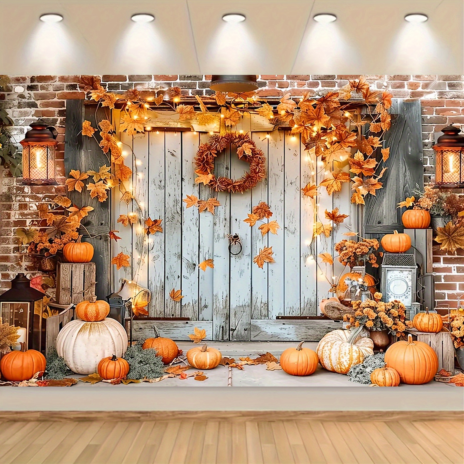 

1pc Rustic Fall Thanksgiving Photography Backdrop, Autumn Pumpkin Door Design, Party Decorations, Polyester Photo Booth Banner For Home, Kitchen, Parties