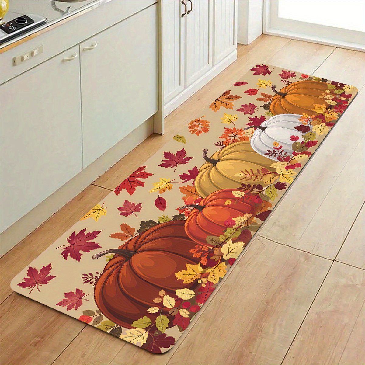 TEMU 1pc Cozy Pumpkin And Maple Leaf Kitchen Mat - Soft, Machine-washable Non-slip Polyester Pad With Design, Perfect For Indoor/outdoor Use In