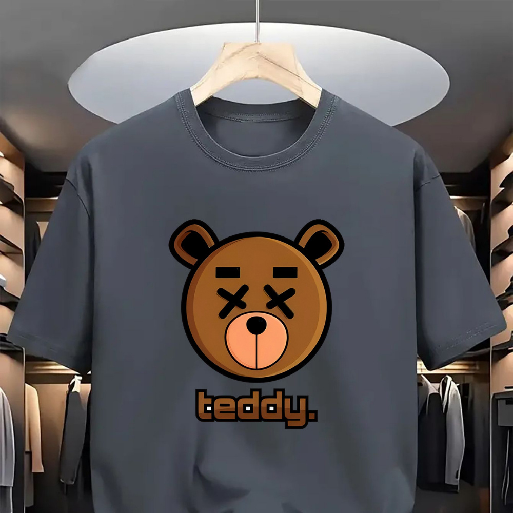 

Men's Casual Short Sleeve T-shirt With Teddy Bear Head Print, Breathable Soft Knit Fabric, Regular Fit, Polyester, Round Neck, Stretchy, , Fashionable For Outdoor &