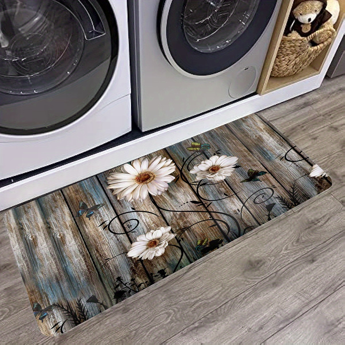 TEMU 1pc Christmas Decoration Vintage Flower On The Wooden Print Floor Mat For Kitchen, Home Decoration Area Mat, Home Entrance Door Mat, Hallway