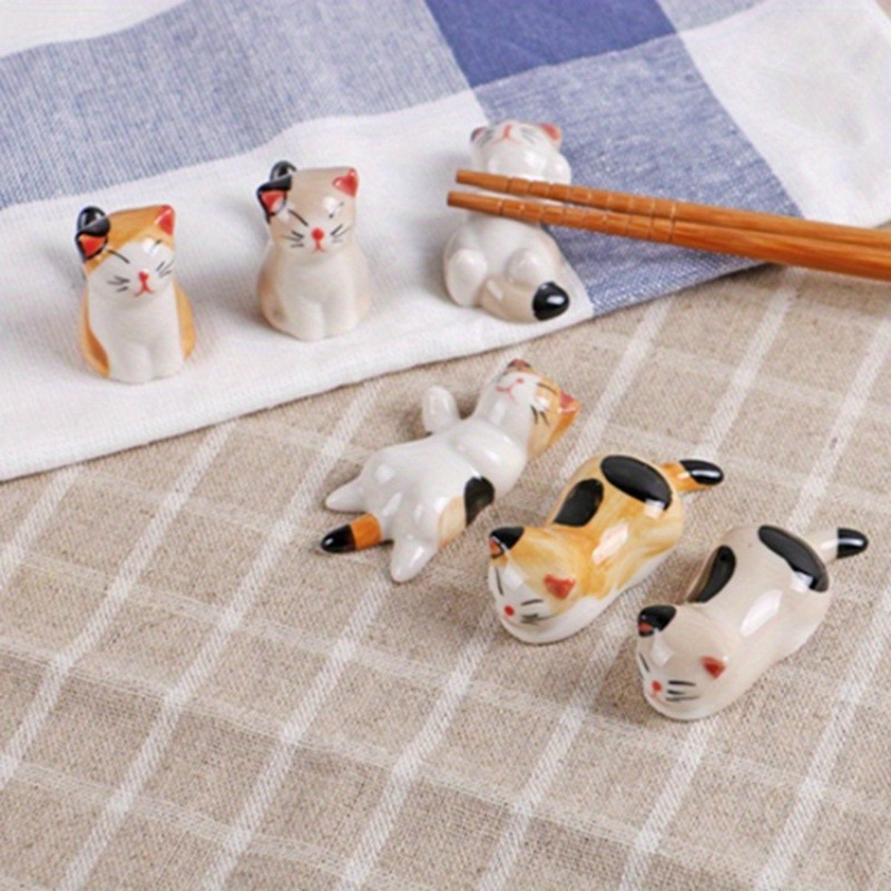 Image of Collection Of 6 Cat-themed Ceramic Utensil Holders - Japanese-style Chopstick Support, Cartoon Writing Instrument Holder, Kitchen Cutlery Organizer, Spoon Holder, Chopstick