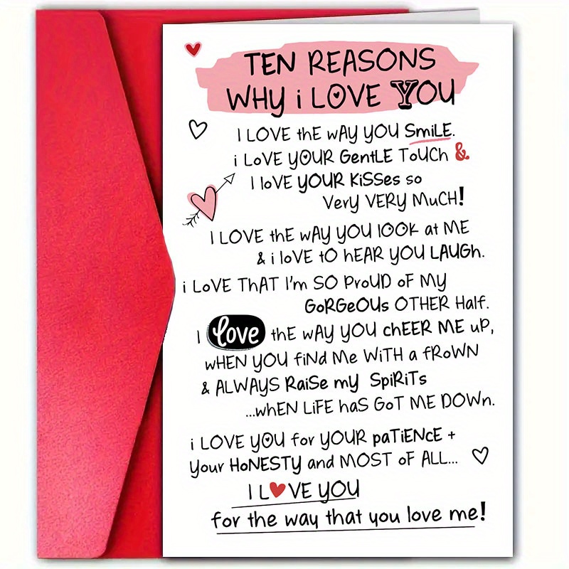 

10 Why I Love You Greeting Card For Valentine's Day - Romantic With Envelope, Couples, Husband, Wife, Boyfriend, Girlfriend - Personalized Messages - 1pc Paper Card For