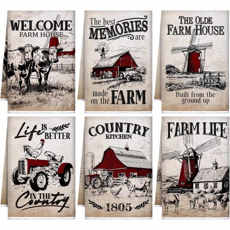 

6pcs Christmas Farmhouse Kitchen Towel Set - , Absorbent Polyester Dish & Tea Towels For Holiday Decor, 18x26 Inches