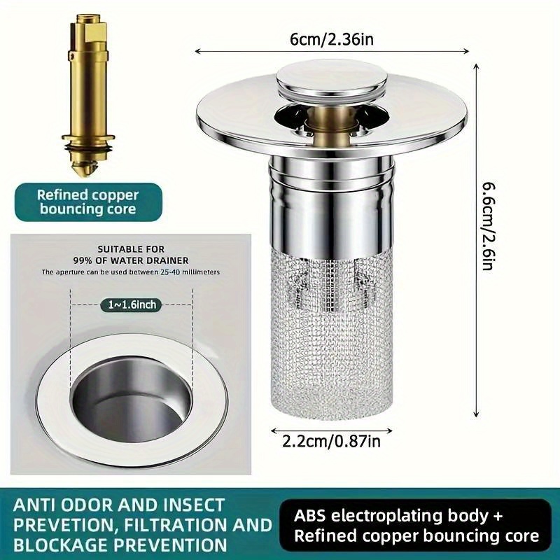 2pcs Stainless Steel Pop-Up Bathroom Sink Stopper with Hair Catcher & Drain Filter, Fits 1.1-1.29 Inch Drains, Easy Clean Design for Kitchen & Bathroom Sinks, Bathroom Sink Drain Stopper