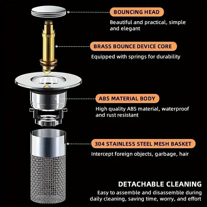 2pcs Stainless Steel Pop-Up Bathroom Sink Stopper with Hair Catcher & Drain Filter, Fits 1.1-1.29 Inch Drains, Easy Clean Design for Kitchen & Bathroom Sinks, Bathroom Sink Drain Stopper