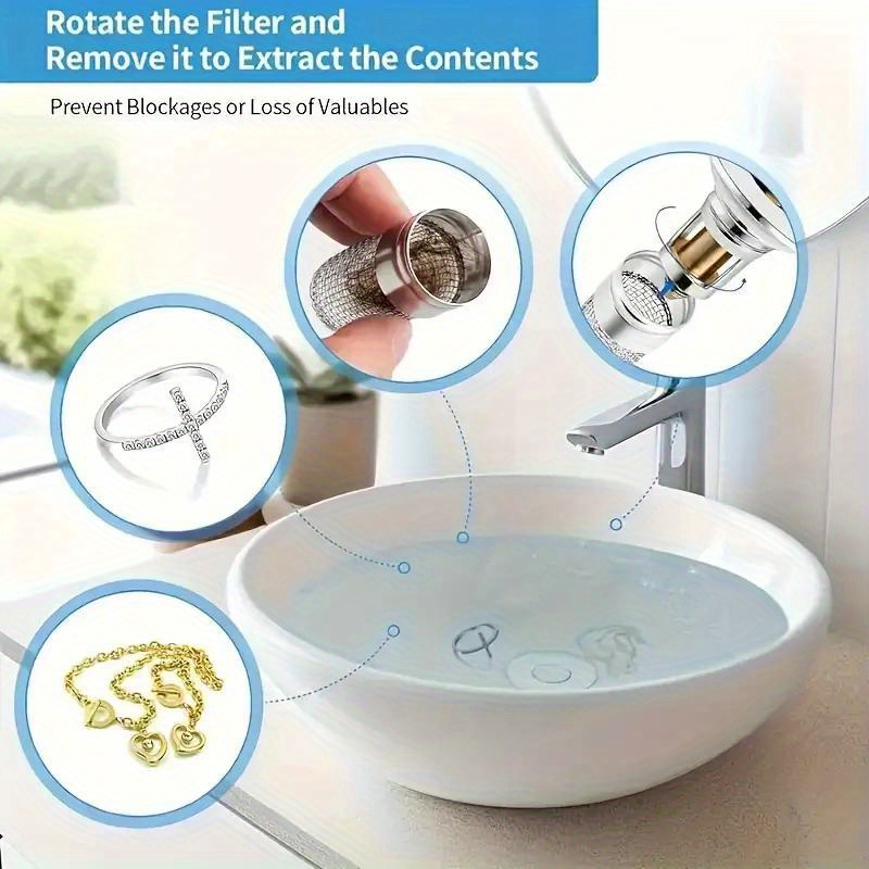 2pcs Stainless Steel Pop-Up Bathroom Sink Stopper with Hair Catcher & Drain Filter, Fits 1.1-1.29 Inch Drains, Easy Clean Design for Kitchen & Bathroom Sinks, Bathroom Sink Drain Stopper