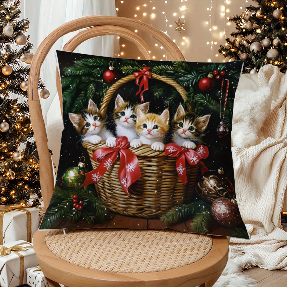 

Contemporary Christmas Kitten Throw Pillow Covers - 1pc, Machine Washable, Zippered Polyester Decorative Cushion Cases For Sofa, Bed, Car, Living Room - Home Decor (pillow Not Included)