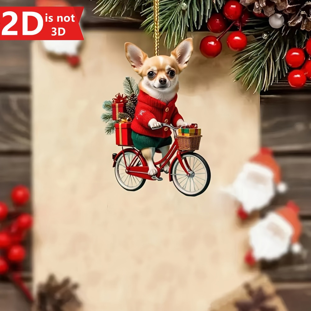 

1pc Elegant Chihuahua On Bicycle 2d Ornament - Red Sweater & Green Pants Design, Acrylic Christmas Decoration For Home & Holiday Party Gifts, Keychain Accessory, Best For Christmas