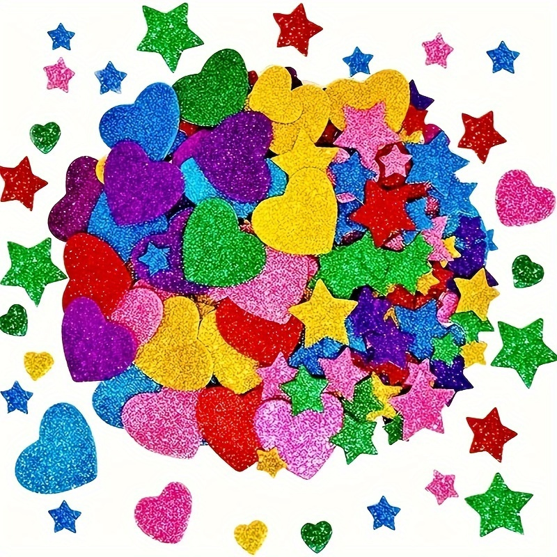 

150 Pcs Glitter Foam Stickers, Self-adhesive Star & Heart Shapes, Space-themed For Plastic , Single-use, Geometric Pattern, Glitter For Crafts & Decor