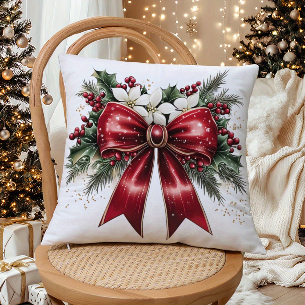 

1pc Christmas Wreath & Bow Pillow Cover, Short Plush Throw Cushion Case, Polyester Knit Fabric, Contemporary Style, Hidden Zipper, Machine Washable, For Sofa, Bed, Car, Living Room Decor