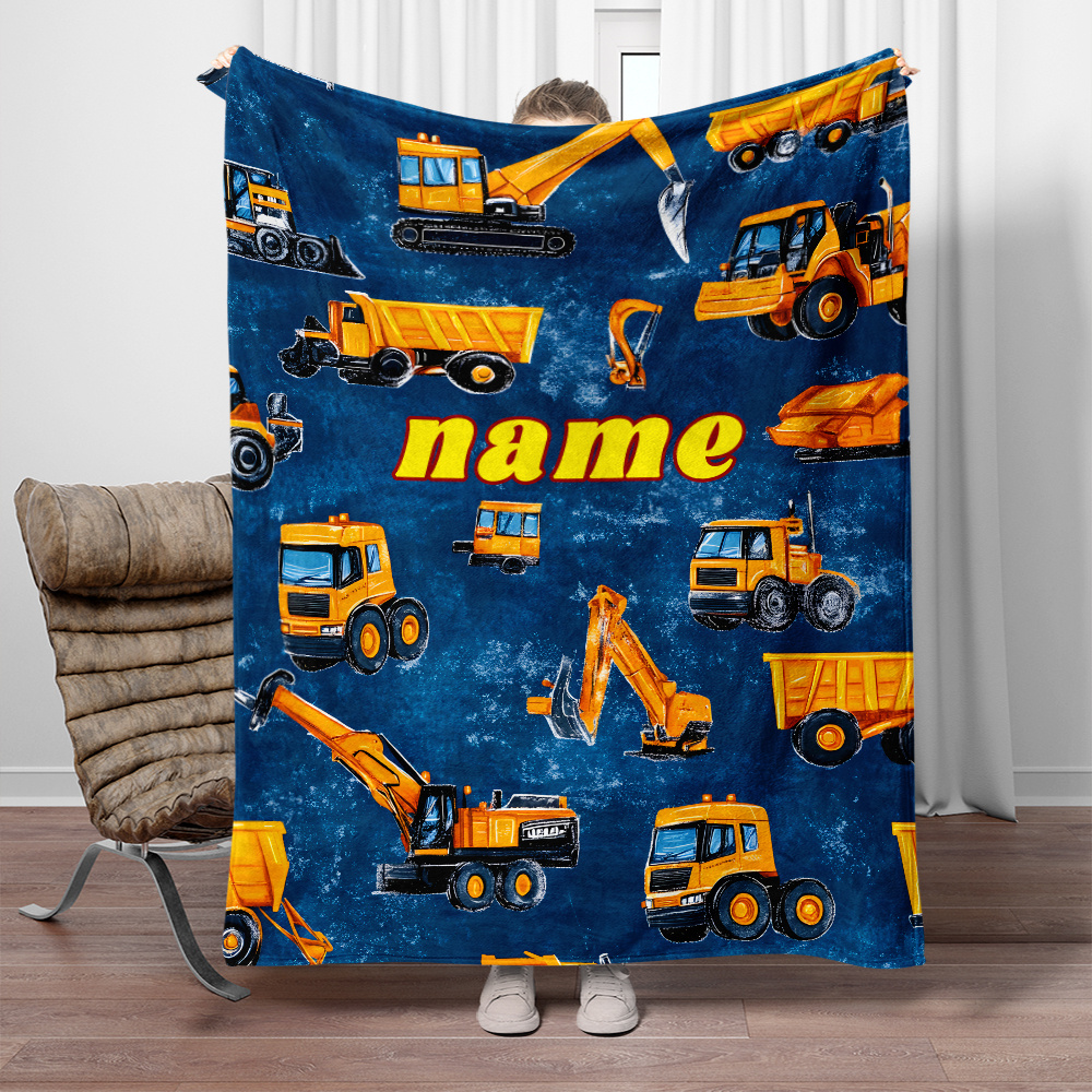 

1pc Custom Name Blanket Cartoon Excavator Print - Lightweight Flannel Throw For Sofa, Bed, Travel, Camping, Living Room, Office, Chair, And Bed - Digital Printing Soft And Warm Polyester, Party Favors