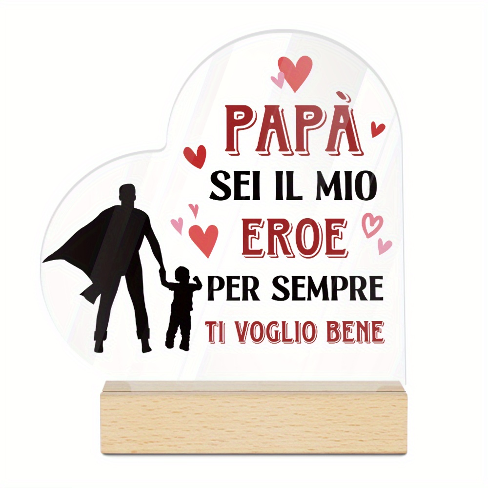 TEMU Piatto 2D, 1 pz Insegna da Tavolo Acrilica a Forma di Cuore Italiana con Base in Legno - Stile Moderno Adatta per Decorazione da Tavolo, Targa a