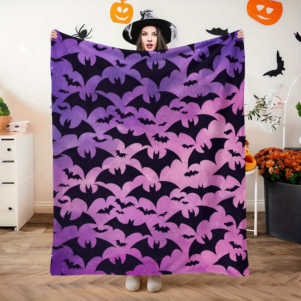 

Cozy -themed Flannel Blanket With Purple Watercolor Gradient, Bats & Animals Design - , Camping, Travel, And Home Decor