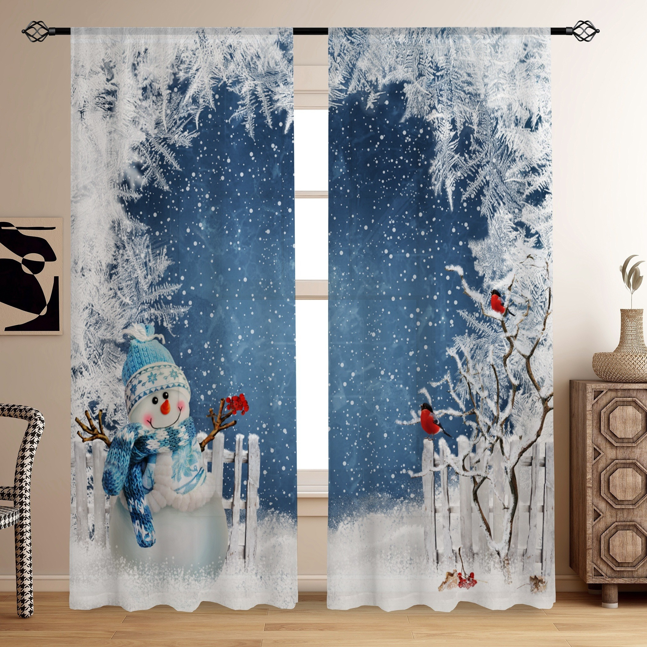 

Contemporary 2-pack Polyester Doorway Drapes With Snowman And Red Birds Print, Machine Washable, Knit Weave, Ideal For Holiday Party Décor, Easy-to-hang Pocket Rod Design - No Pole Needed