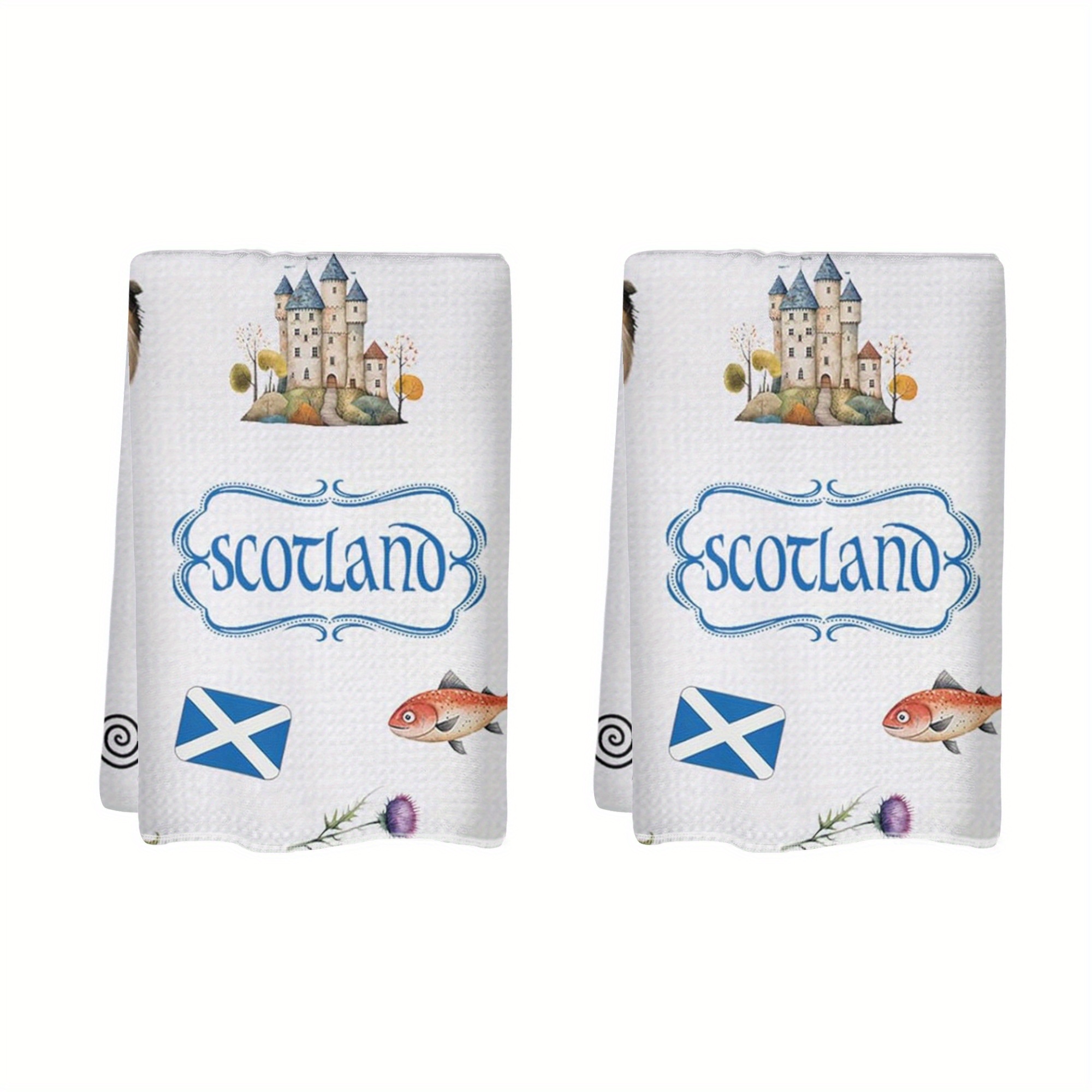 

2-pack Cartoon Scottish Castle & Animals Kitchen Towels, 18x26 Inches, Polyester Dish Towels, Lightweight Absorbent Hand Towels For Home & Hotel, Hand Wash Only, Decorative Seasonal Gift