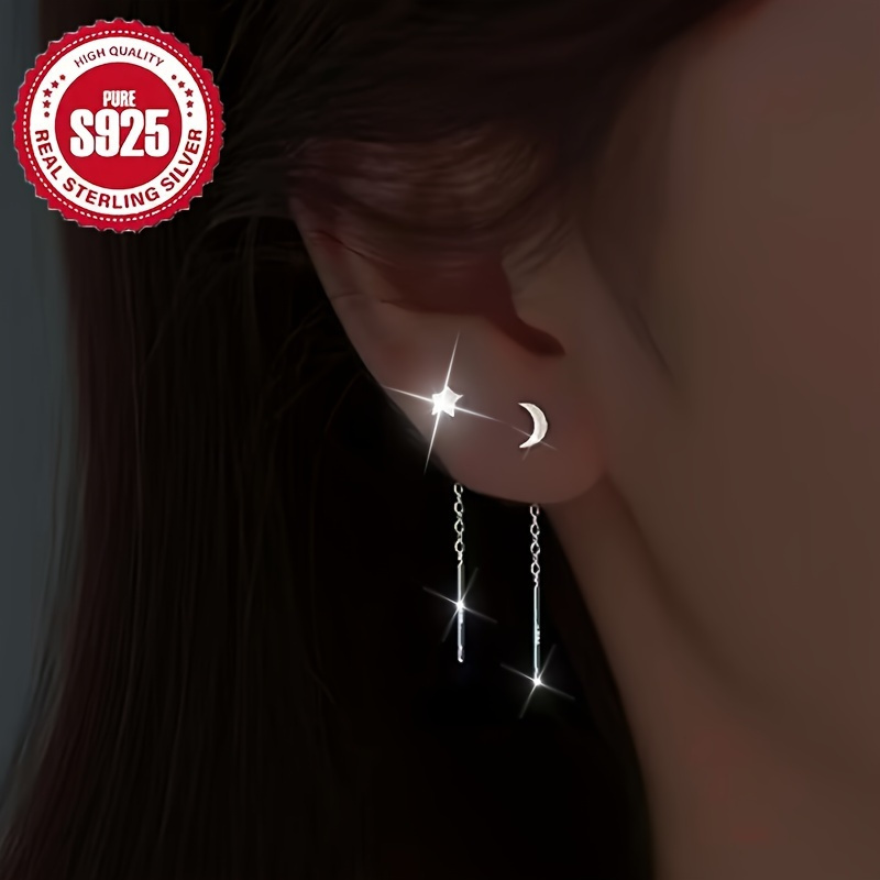 TEMU [silver Weight 3.1 Grams] 1 Pair Of 925 Sterling Silvery Asymmetrical Star And Moon Earrings Tassel Earrings Star And Moon Earrings Ladies Fashion Dangling Earrings Suitable For Women