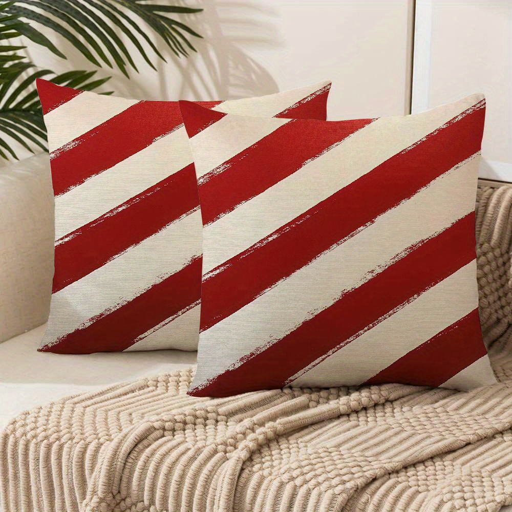 

2pcs Set Candy Cane Striped Throw Pillow Covers - Soft Short Plush, Zip Closure, Machine Washable For Sofa & Outdoor Decor