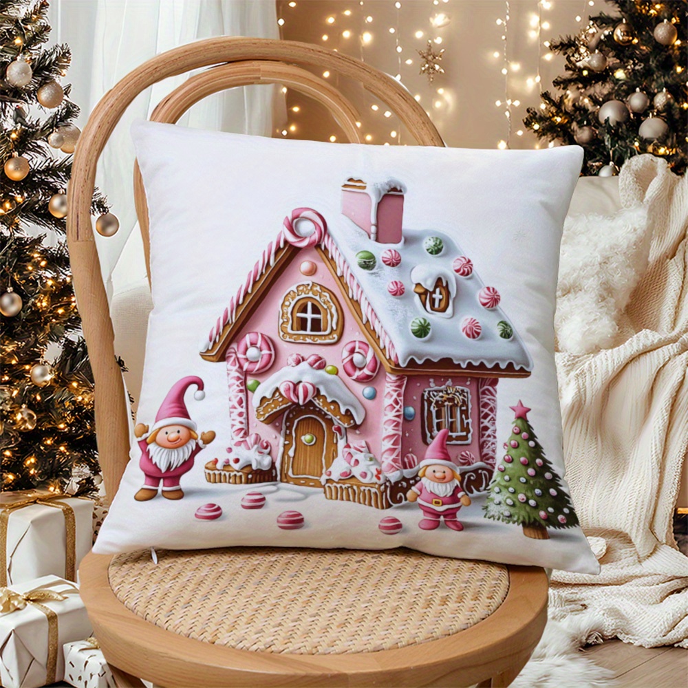 

Super Soft Pink Cartoon Christmas Cottage Throw Pillow Cover With Hidden Zipper - Sofa, Bed, And Car Decor (pillow Insert Not Included), Christmas, Plush Throw Pillow Covers, Hidden Zipper, Home Decor