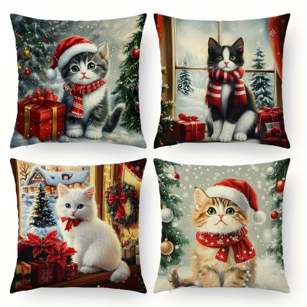 

4pcs Set Christmas Cat Print Throw Pillow Covers - Contemporary Style, Zip Closure, Machine Washable For Living Room, Sofa, Patio & Outdoor Decor, Christmas Cat, Throw Pillow Cover, Garden, Home Decor