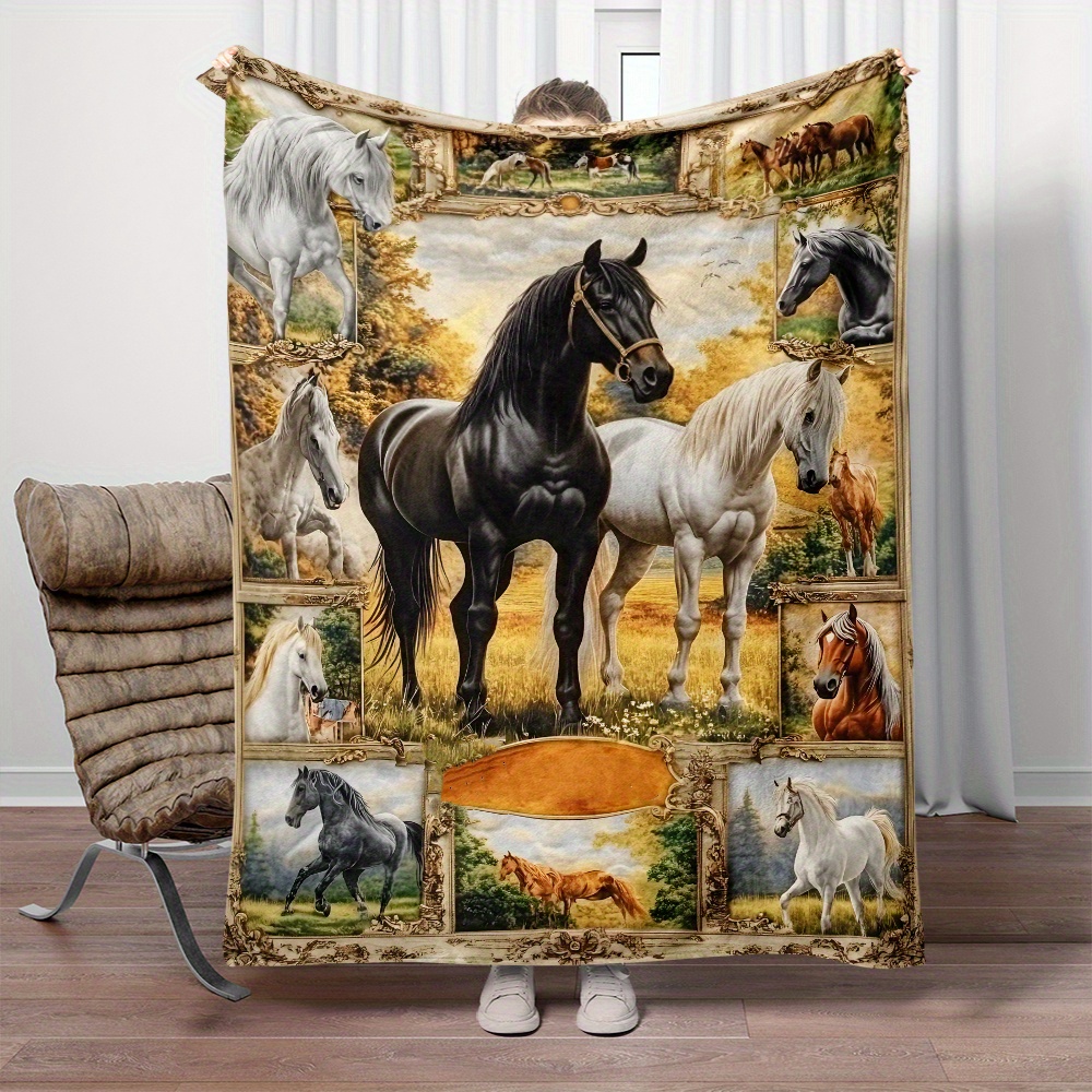 

Cozy Vintage Horse Print Flannel Throw Blanket - Lightweight, For Couch, Bed, Travel, Camping | In Multiple Sizes