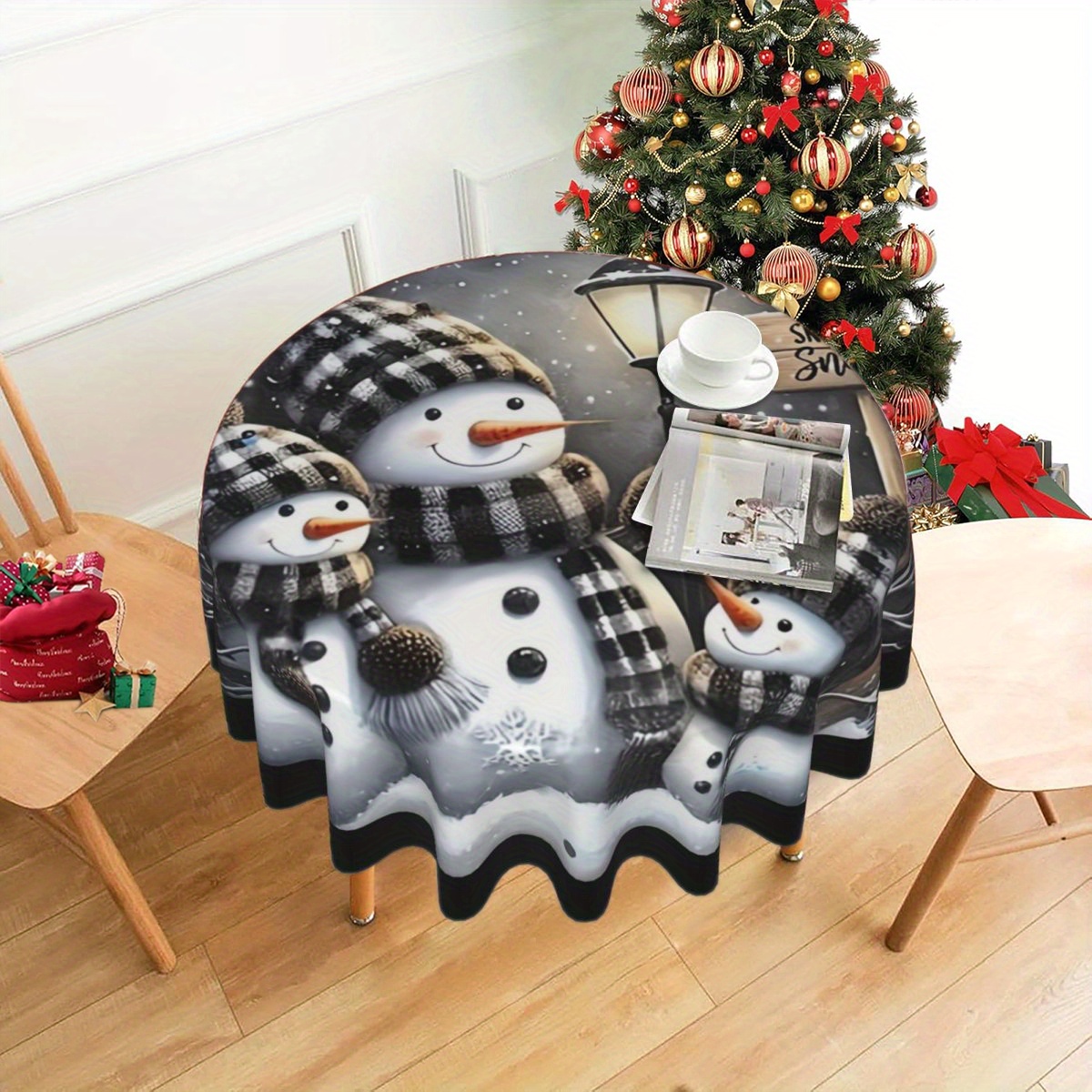 

1pc Snowman Round Tablecloth - -, Polyester Table For Dining & , For Christmas Parties And